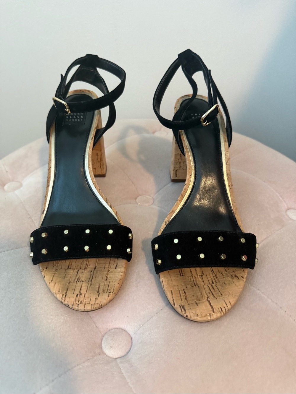 White House Black Market Black Studded Cork Block-Heel Sandals